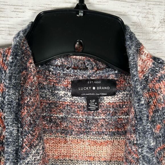 Lucky Brand Reversible Jacquard Open Front Navy Blue Peach Long Cardigan Small - Picture 6 of 9